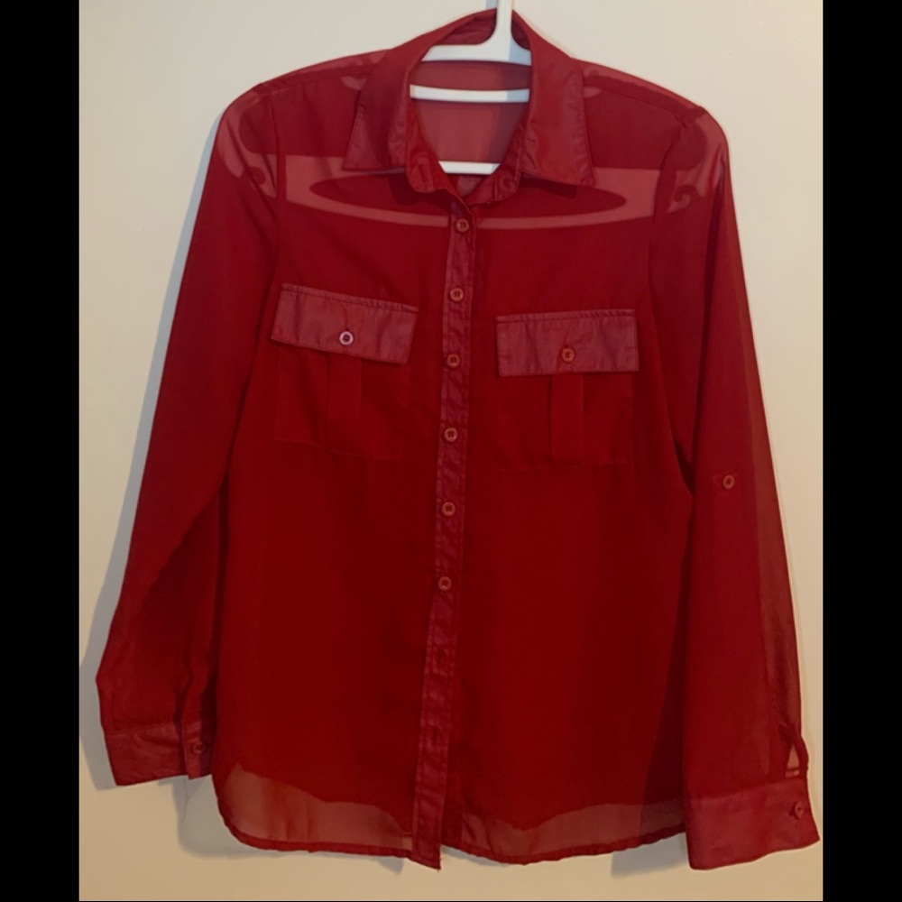 Sheer Button Down Long Sleeve Red Blouse Size Medium
